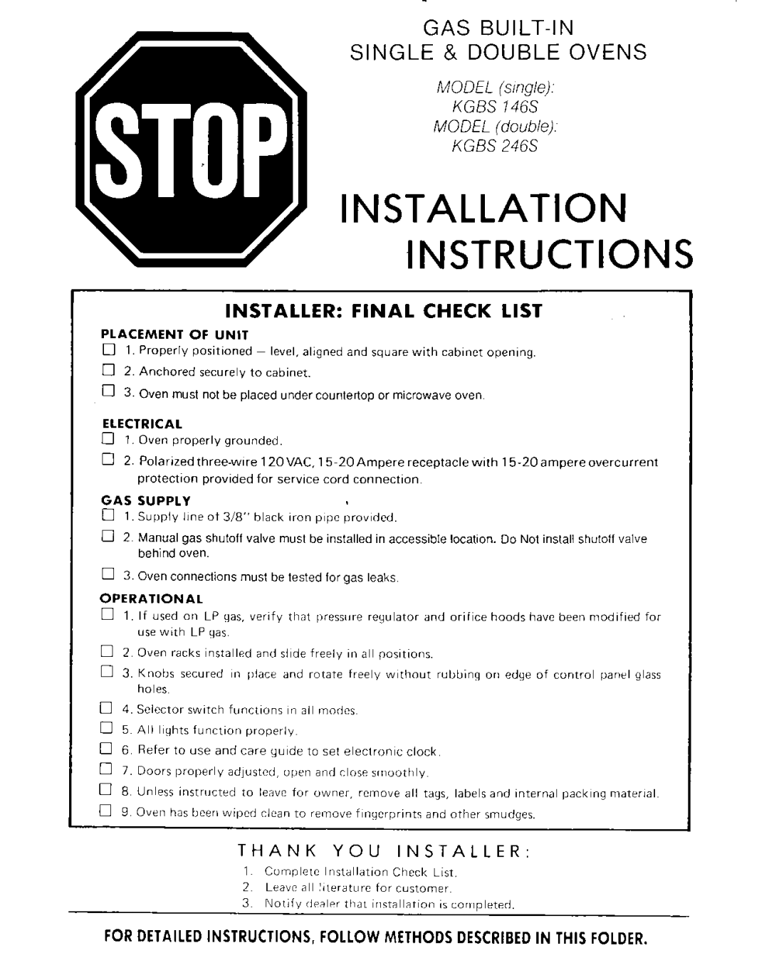 KitchenAid KGBS 146S installation instructions Thank YOU Installer, Refer to use and care guide to set electronic clock 