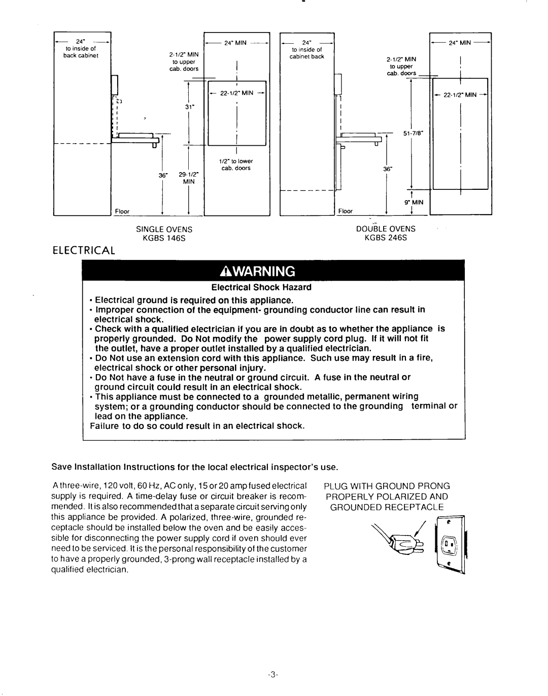 KitchenAid KGBS 146S, KGBS 246S installation instructions Electrical, Min 