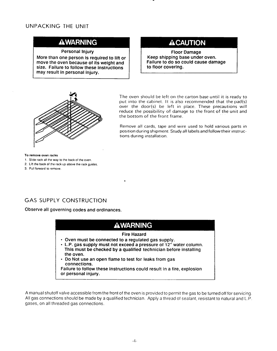 KitchenAid KGBS 246S, KGBS 146S installation instructions Unpacking the Unit, GAS Supply Construction 