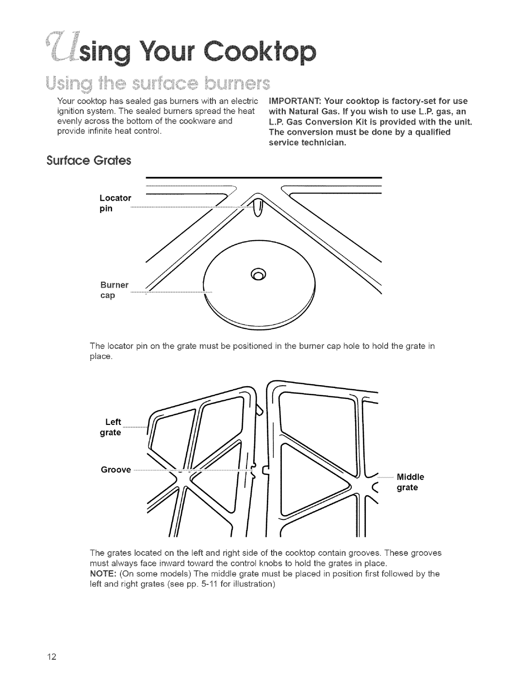 KitchenAid KGCR055G, KGCC505H, KGCC566H, KGCT365G, KGCT305G, KGCT366G Surface Grates, Locator Pin, Left Grate Groove =1 Middle 