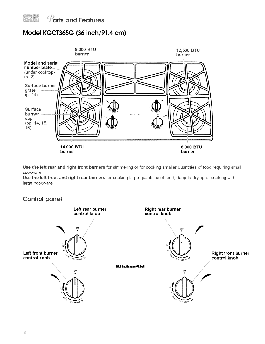 KitchenAid KGCT055G, KGCC505H, KGCC566H, KGCR055G, KGCT305G, KGCT366G Model KGCT365G 36 inch/91.4 cm, Features, Control panel 