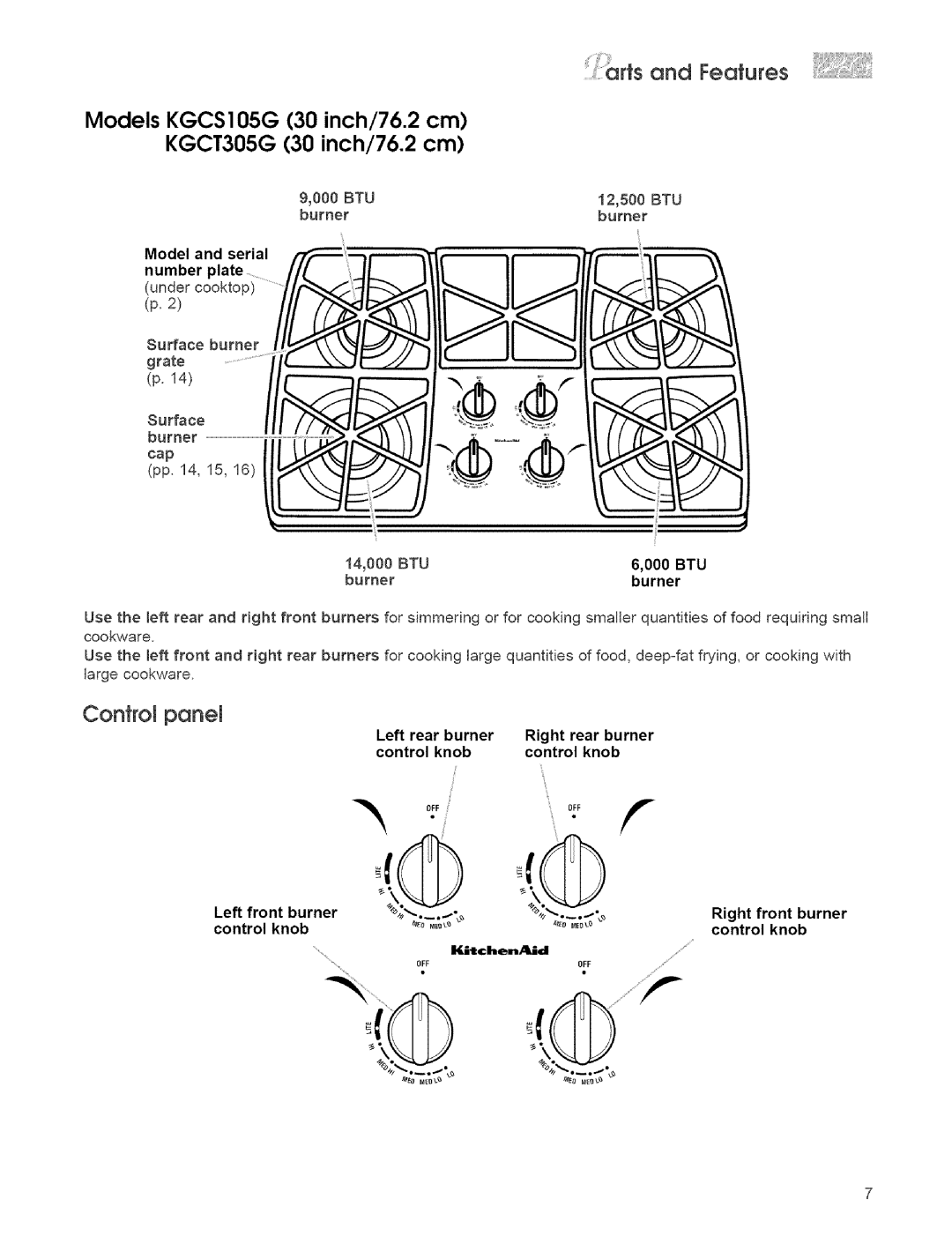 KitchenAid KGCSIGGG, KGCC505H warranty AodFeatures, Models KGCSI05G 30 inch/76.2 cm KGCT305G 30 inch/76.2 cm, Confrot panel 