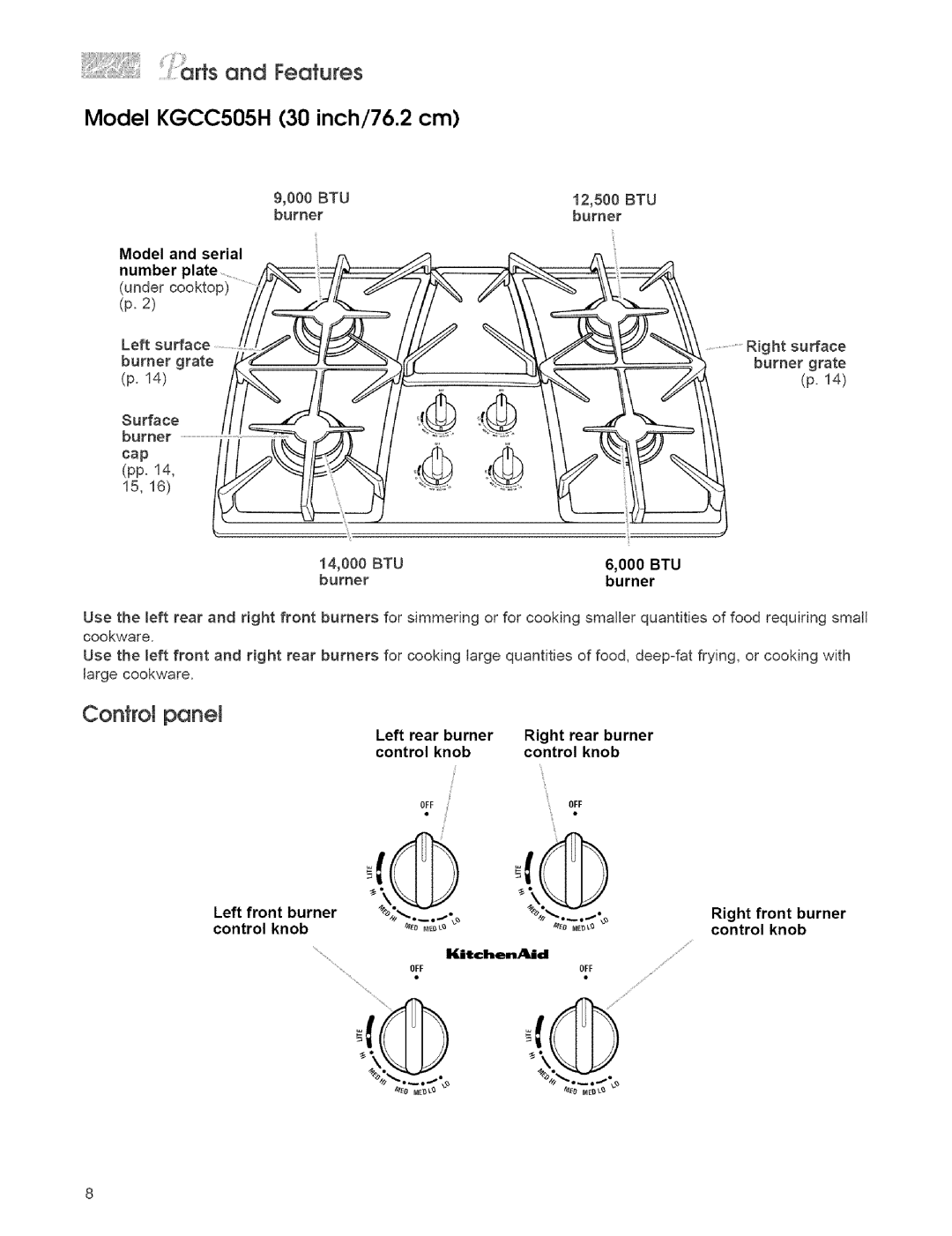 KitchenAid KGCSI27G warranty Model KGCC505H 30 inch/76.2 cm, Control panel, Left rear burner Right rear burner Control knob 