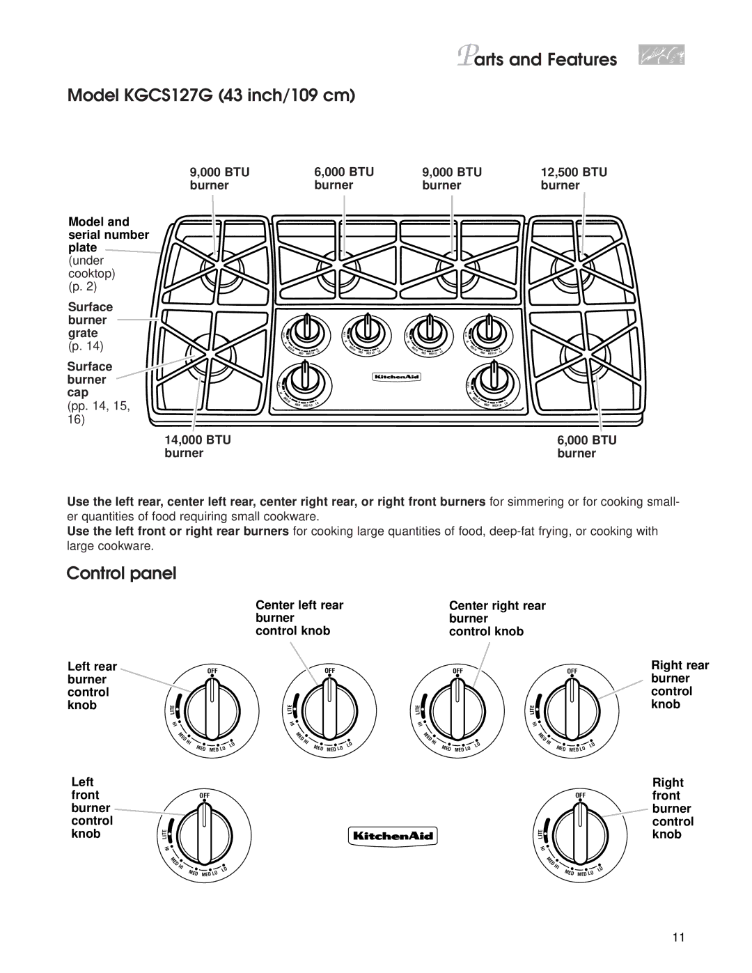 KitchenAid KGCC566H, KGCC505H warranty Model KGCS127G 43 inch/109 cm Parts and Features, BTU Burner, Left Front 