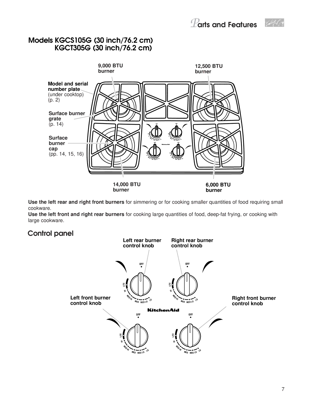 KitchenAid KGCC566H, KGCC505H warranty 14,000 BTU Burner, Left rear burner Right rear burner Control knob 