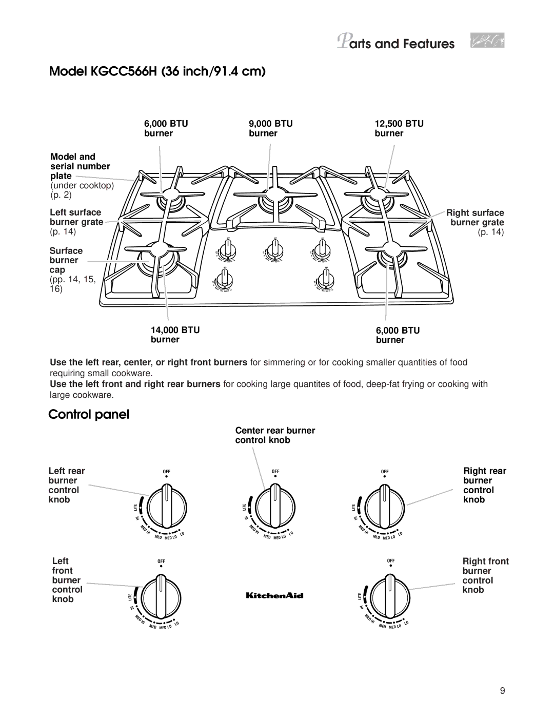 KitchenAid KGCC566H, KGCC505H warranty Left rear, Burner Control Knob, Center rear burner control knob 