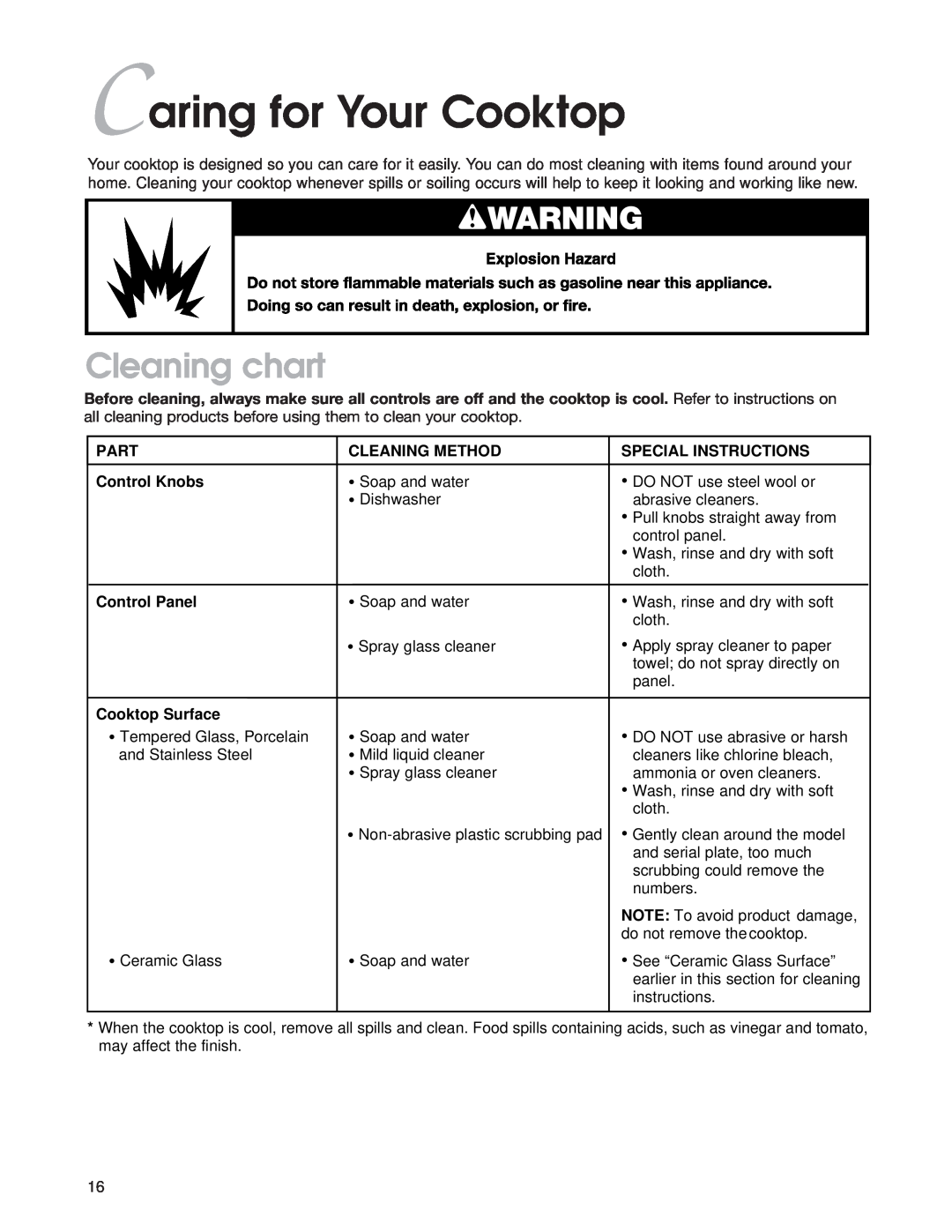 KitchenAid KGCC505H, KGCC566H warranty Cleaning chart, Caring for Your Cooktop 