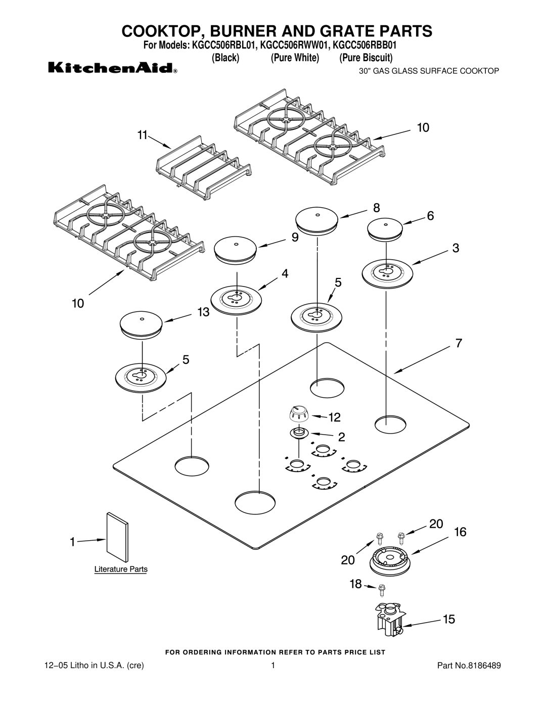 KitchenAid KGCC506RWW01, KGCC506RBB01, KGCC506RBL01 manual COOKTOP, Burner and Grate Parts 