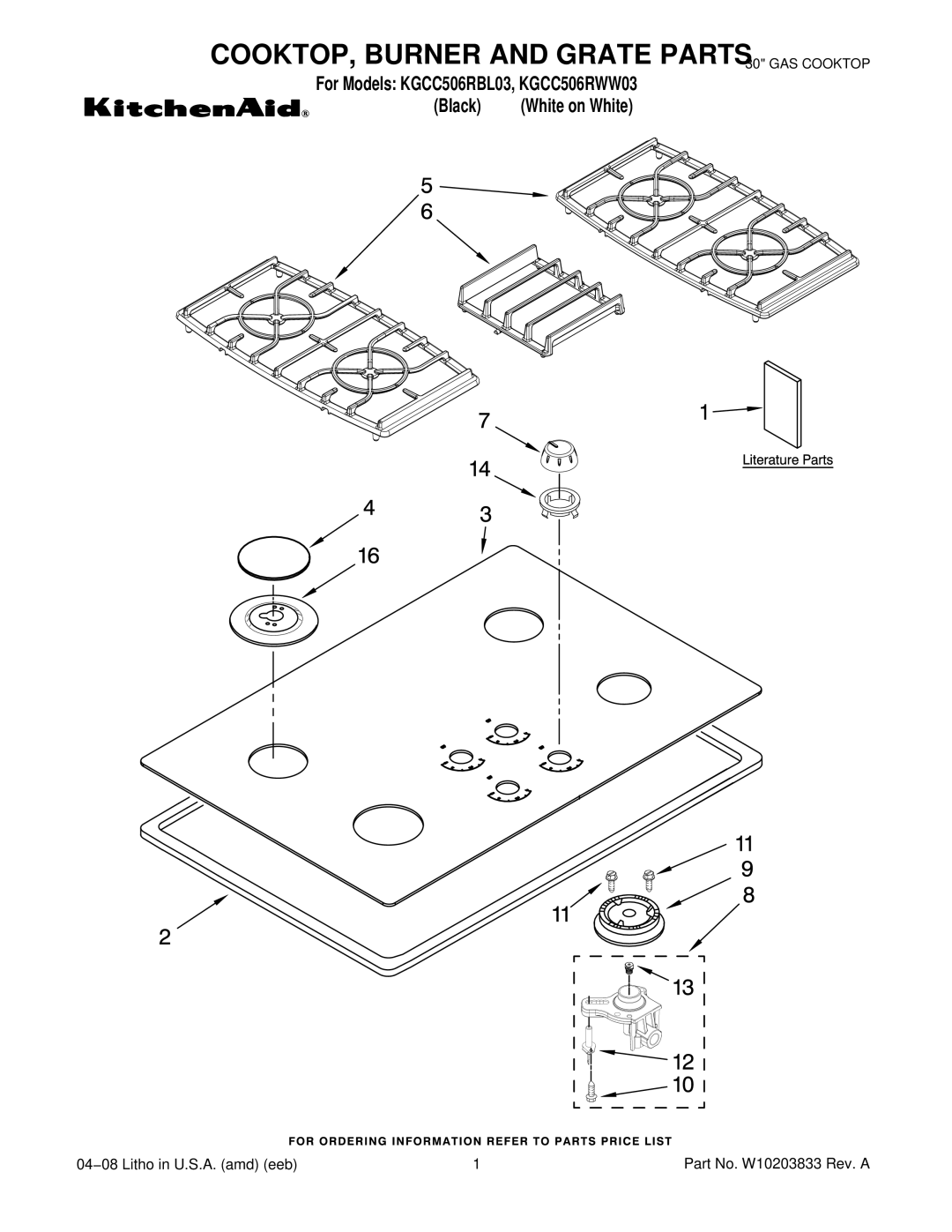 KitchenAid KGCC506RWW03, KGCC506RBL03 manual COOKTOP, Burner and Grate Parts 