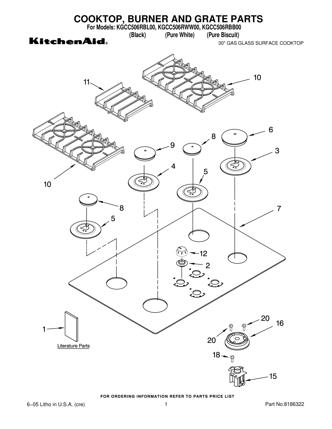 KitchenAid KGCC506RBL00, KGCC506RWW00, KGCC506RBB00 manual COOKTOP, Burner and Grate Parts 