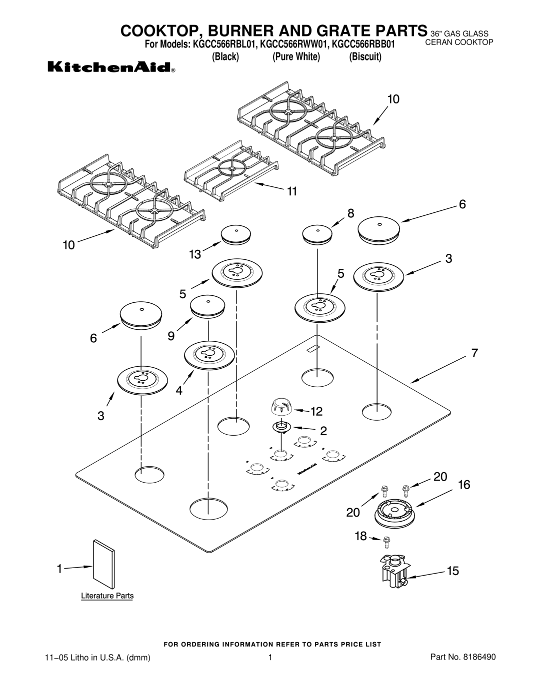 KitchenAid KGCC566RWW01, KGCC566RBB01, KGCC566RBL01 manual COOKTOP, Burner and Grate Parts 36 GAS Glass 