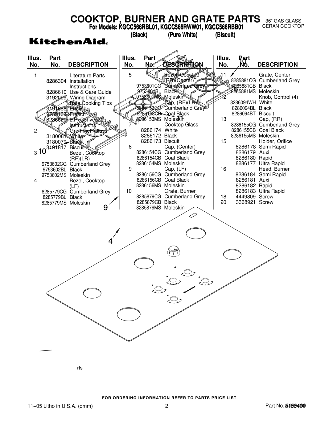 KitchenAid KGCC566RBL01, KGCC566RBB01, KGCC566RWW01 manual COOKTOP, Burner and Grate Parts, Illus. Part No. No. Description 