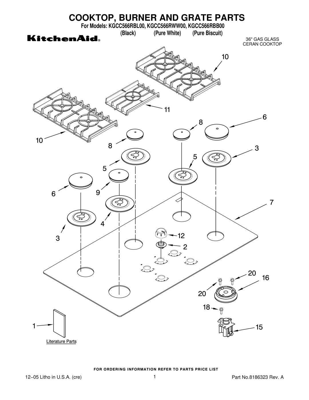 KitchenAid KGCC566RBB00, KGCC566RWW00, KGCC566RBL00 manual COOKTOP, Burner and Grate Parts 