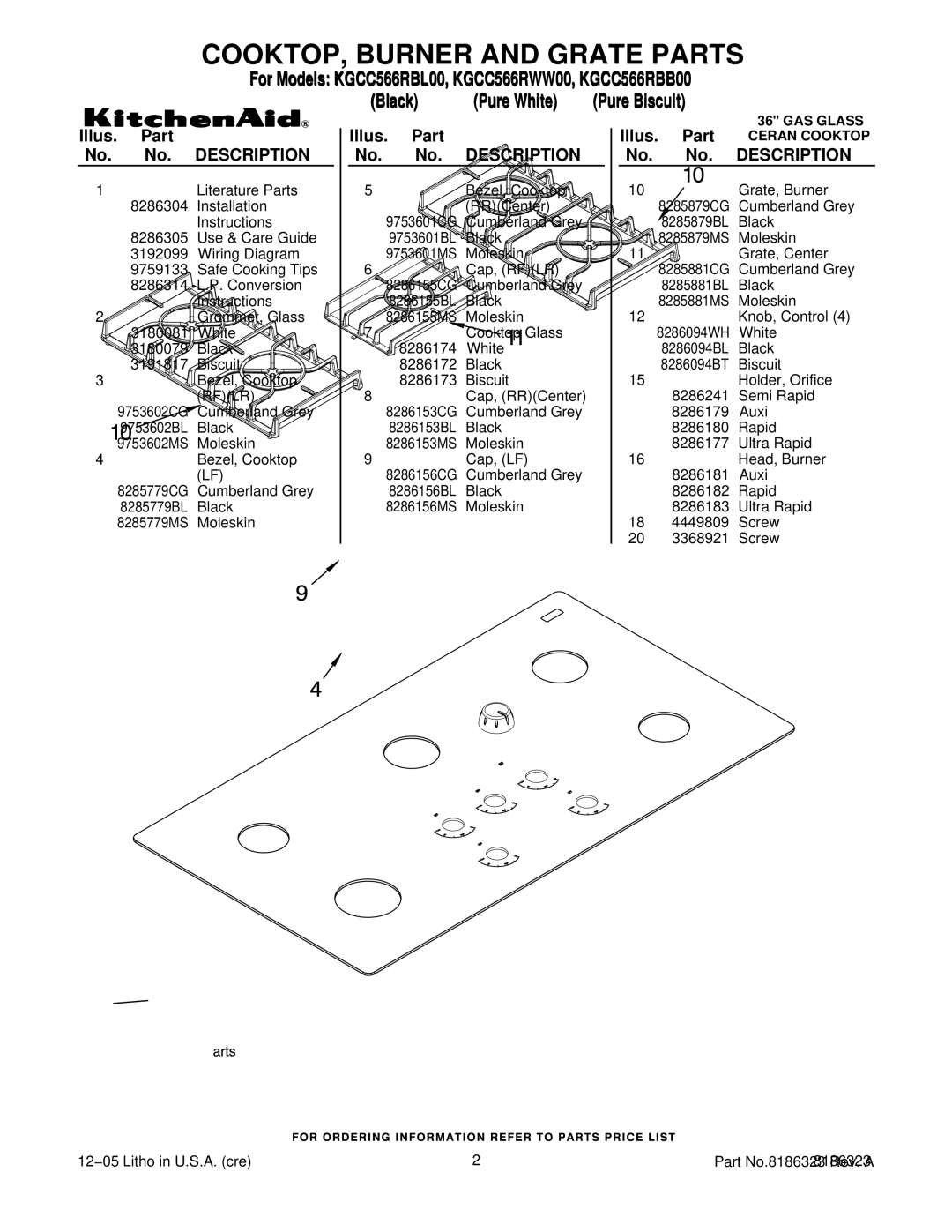 KitchenAid KGCC566RBL00, KGCC566RWW00, KGCC566RBB00 manual COOKTOP, Burner and Grate Parts, Illus. Part No. No. Description 