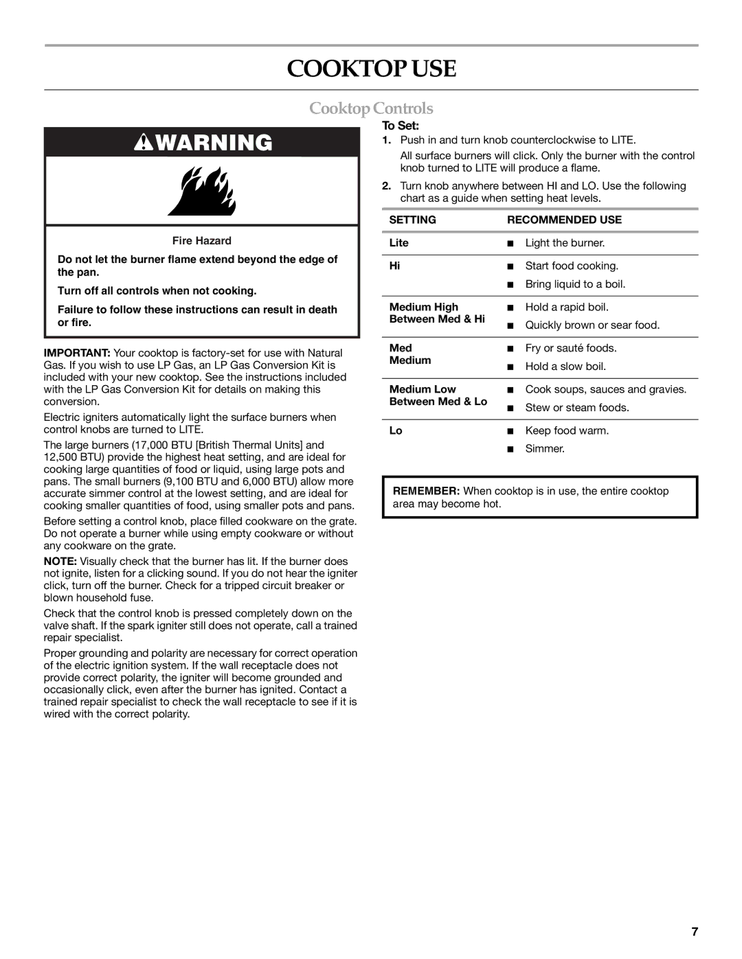 KitchenAid KGCC506, KGCC706, KGCC766 manual Cooktop USE, Cooktop Controls, To Set, Setting Recommended USE 