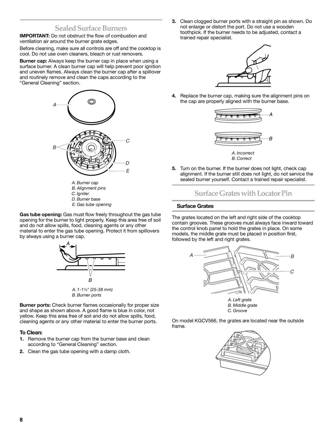 KitchenAid KGCC766, KGCC706, KGCC506 manual Sealed Surface Burners, Surface Grates with Locator Pin, To Clean 