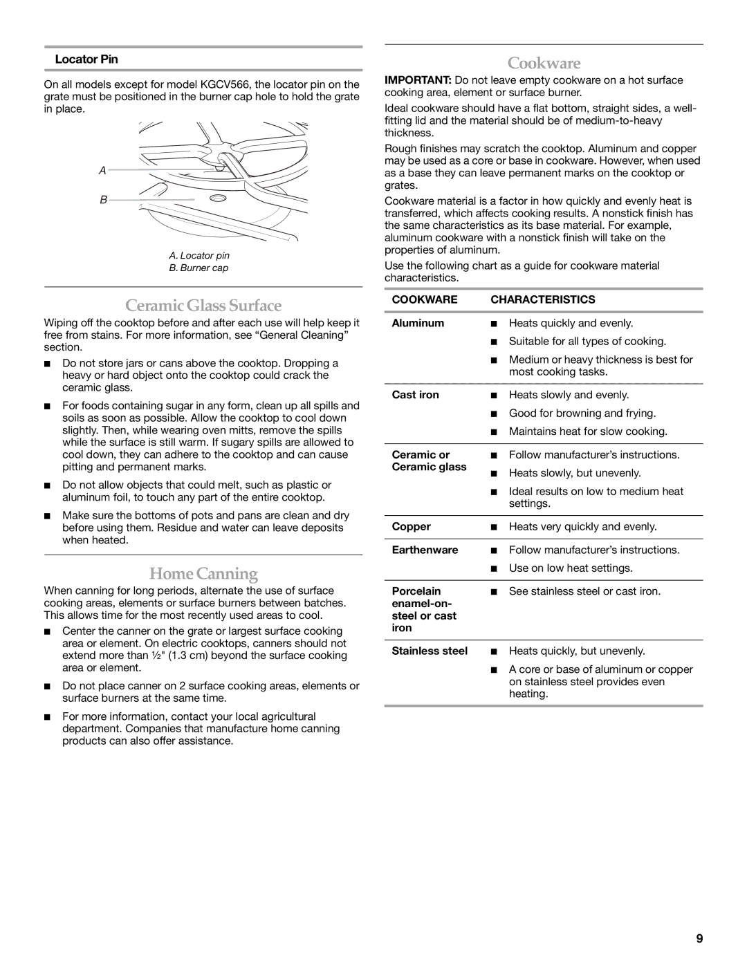 KitchenAid KGCC706, KGCC506, KGCC766 manual CeramicGlass Surface, Home Canning, Locator Pin, Cookware Characteristics 