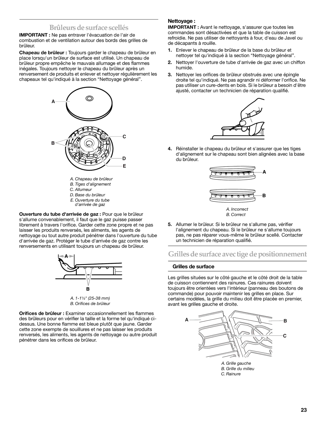 KitchenAid KGCK306 manual Brûleursdesurfacescellés, Grillesdesurfaceavectigedepositionnement, Nettoyage, Grilles de surface 