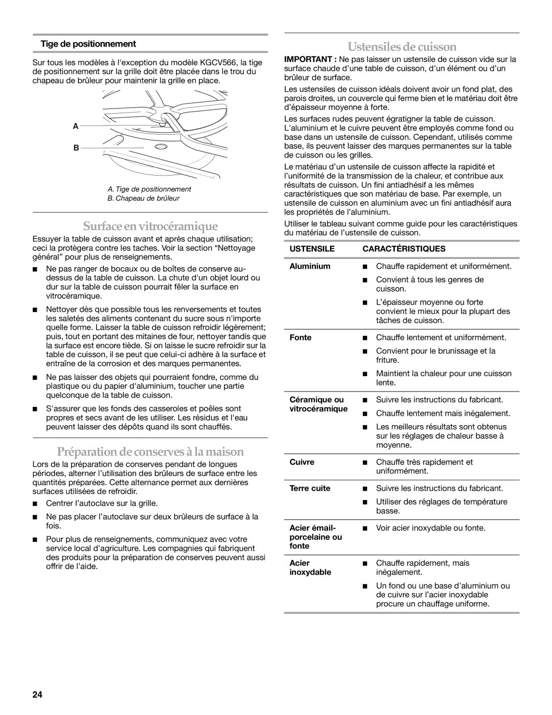 KitchenAid KGCK366 Surfaceenvitrocéramique, Préparationdeconservesàlamaison, Ustensilesdecuisson, Tige de positionnement 