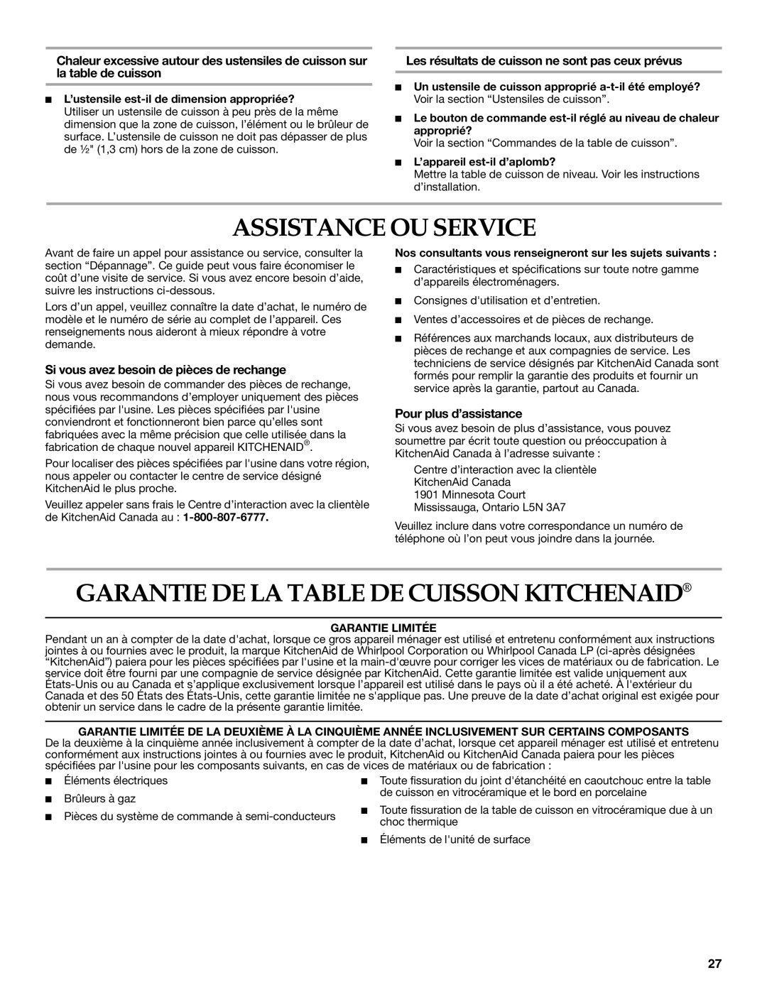 KitchenAid KGCK306, KGCK366 manual Assistance OU Service, Garantie DE LA Table DE Cuisson Kitchenaid, Pour plus d’assistance 