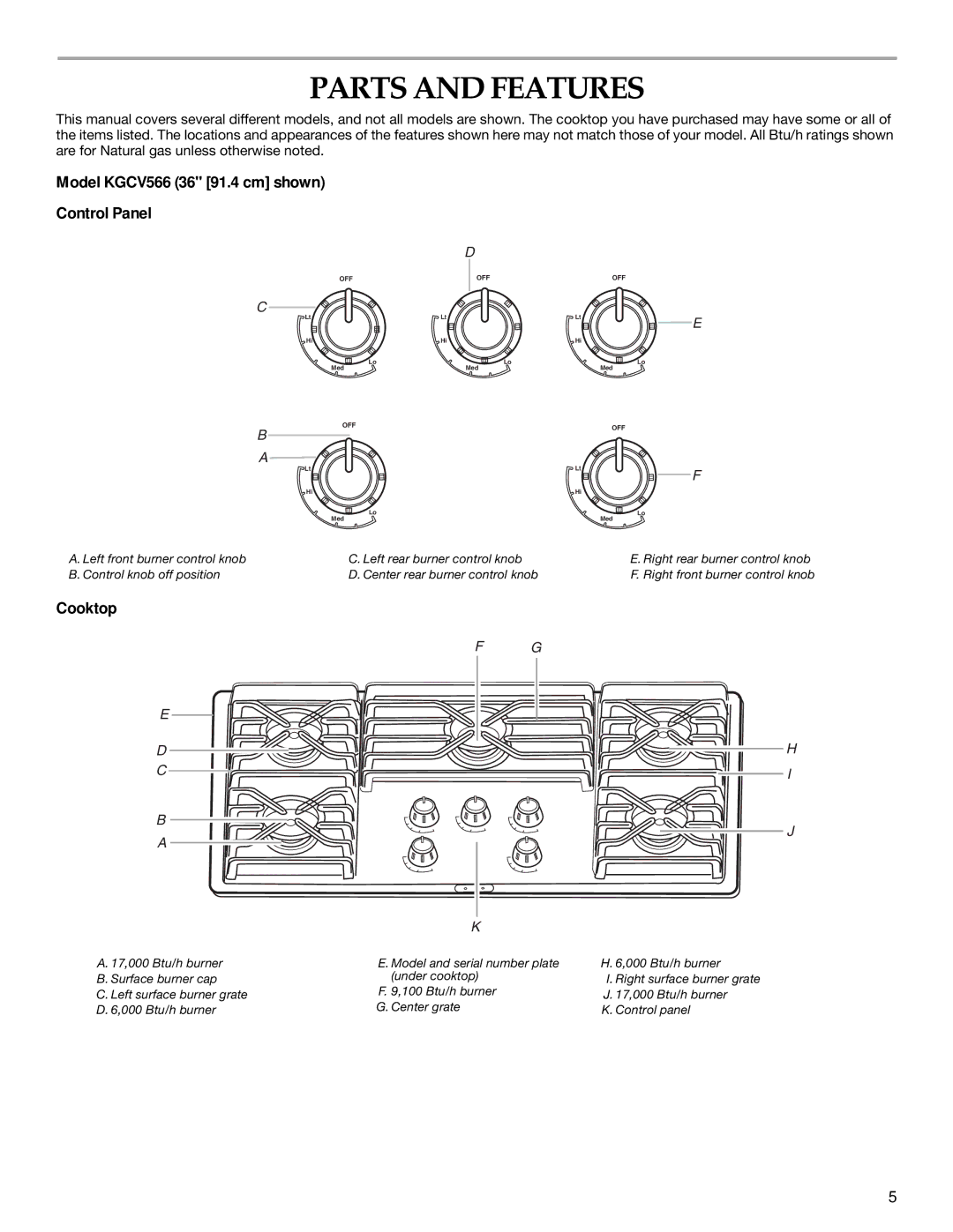 KitchenAid KGCK306, KGCK366 manual Parts and Features, Model KGCV566 36 91.4 cm shown Control Panel, Cooktop 