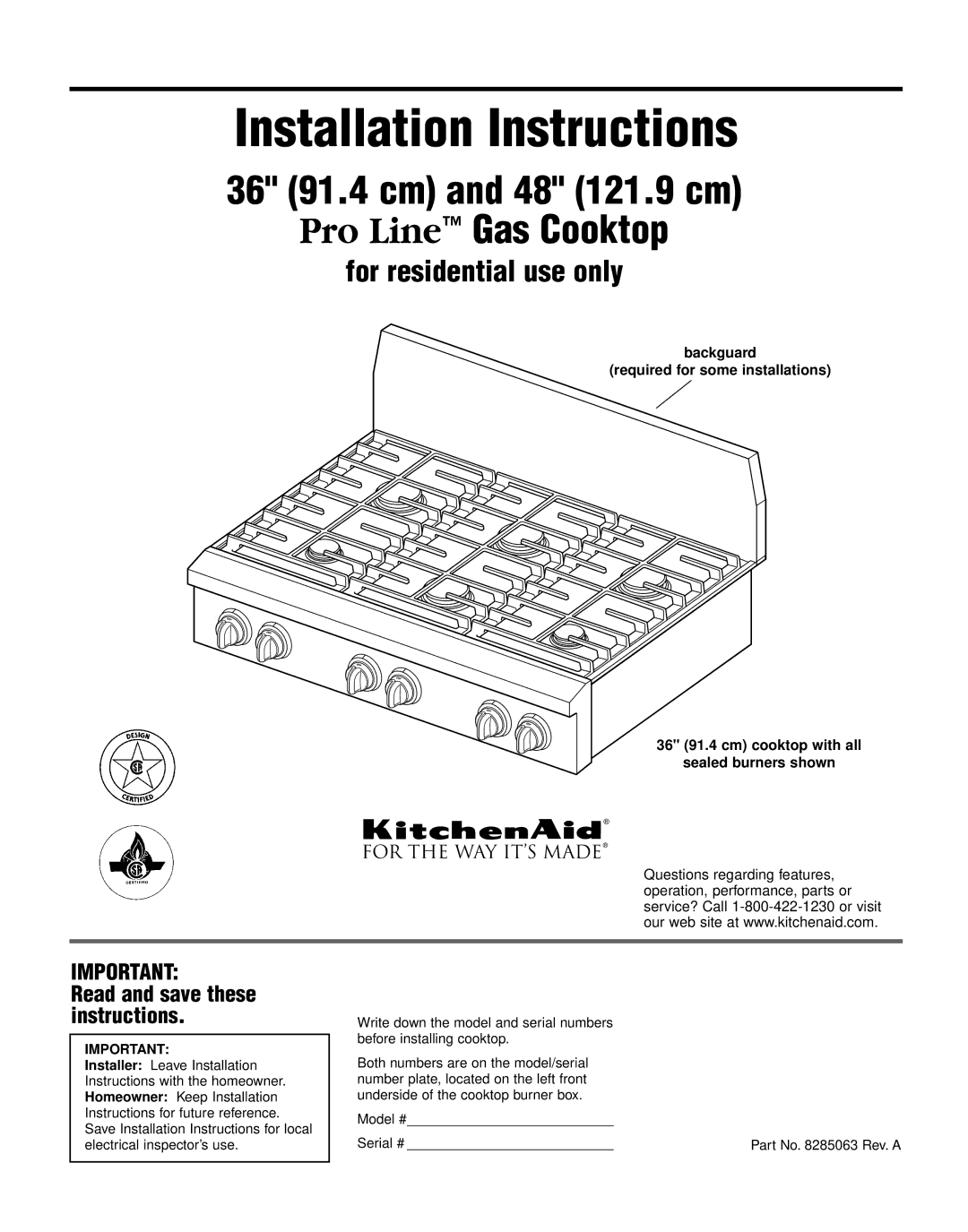 KitchenAid KGCP462K installation instructions Installation Instructions, 36 91.4 cm and 48 121.9 cm Pro Line Gas Cooktop 