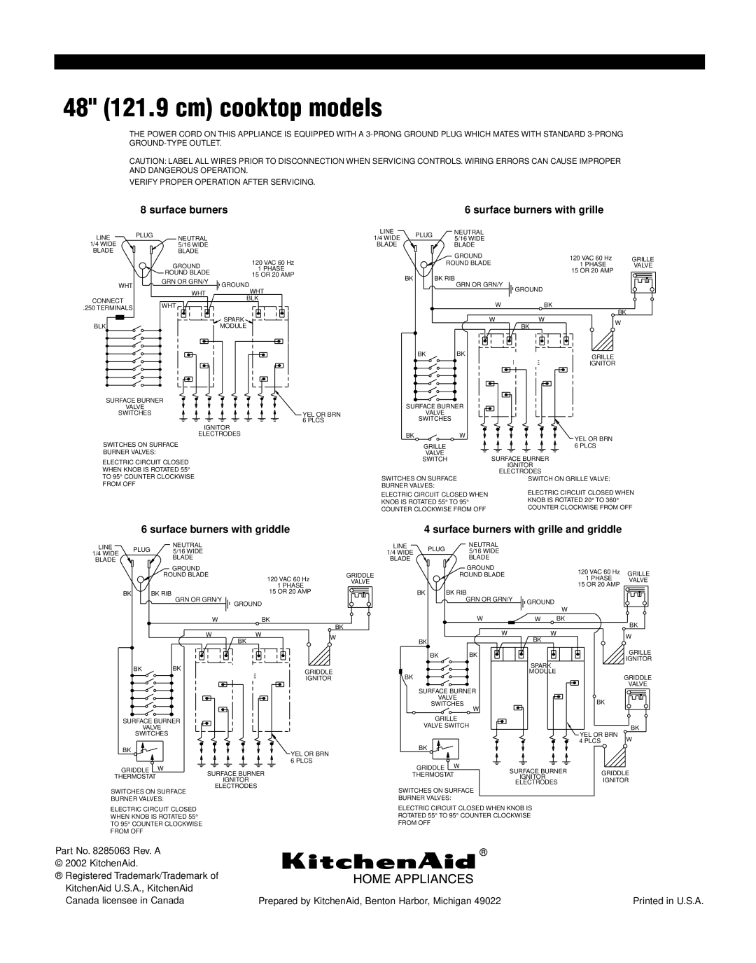 KitchenAid KGCP462K installation instructions 48 121.9 cm cooktop models, Surface burners Surface burners with grille 