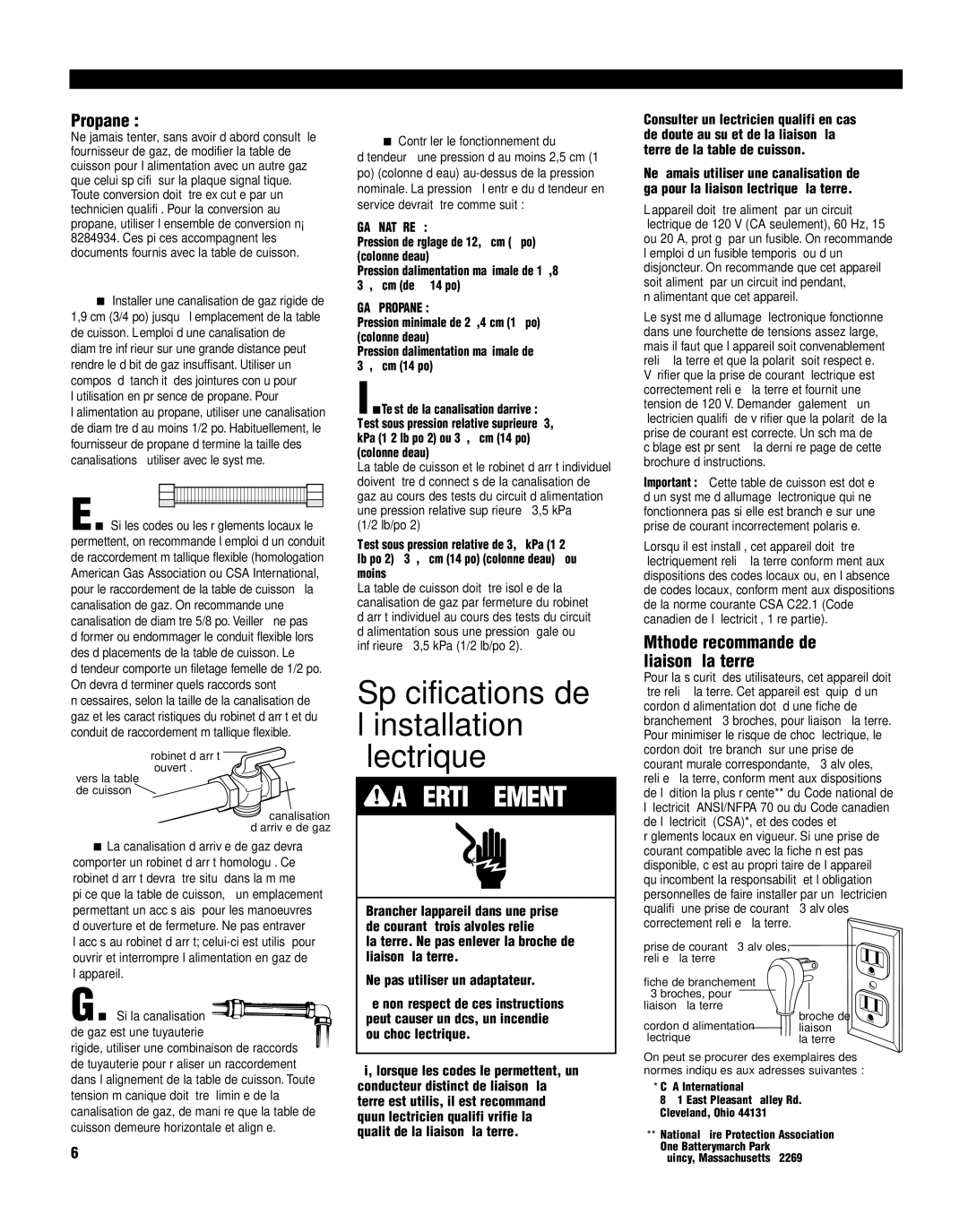 KitchenAid KGCP462K Spécifications de l’installation électrique, Propane, Méthode recommandée de liaison à la terre 