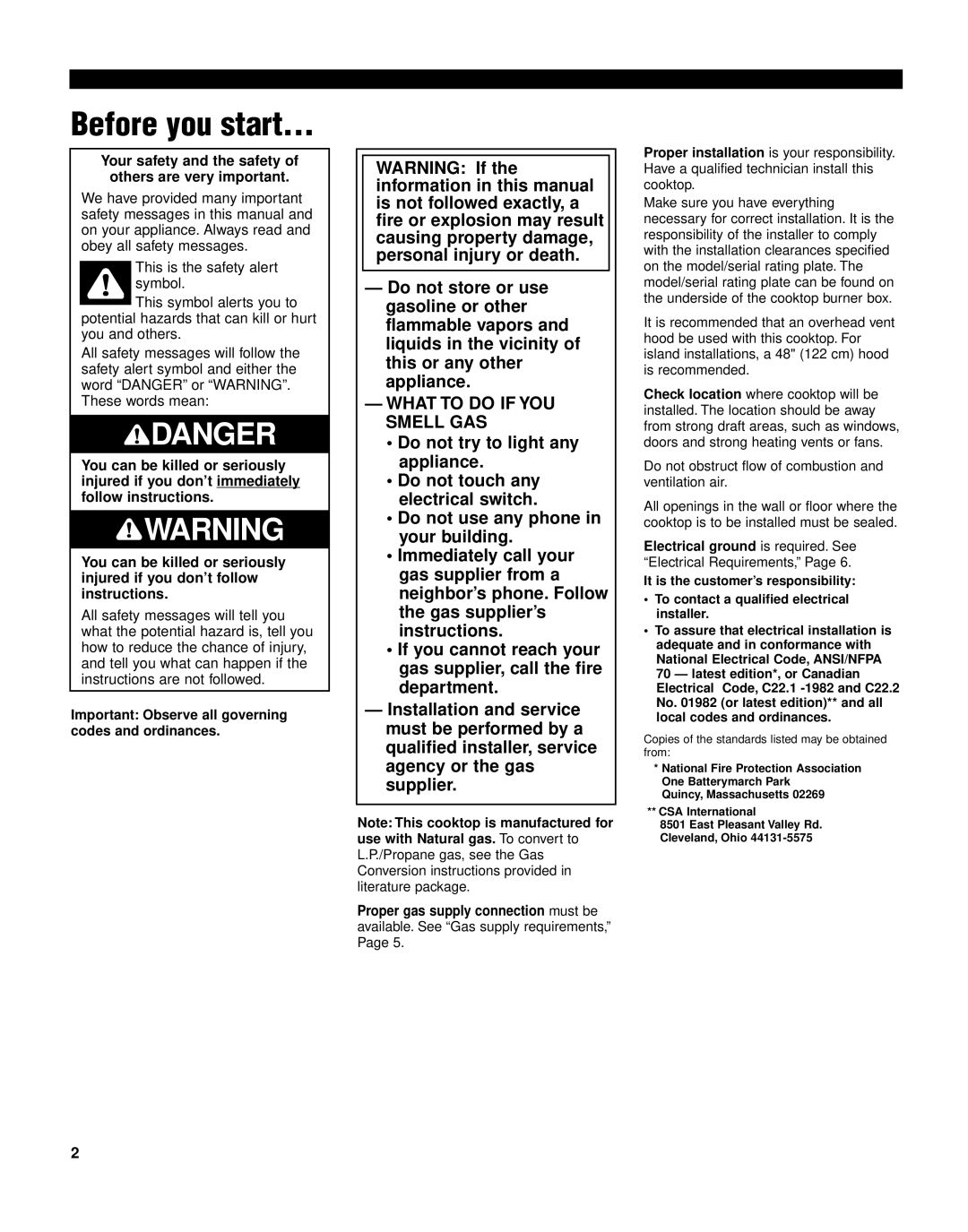 KitchenAid KGCP462K Before you start, What to do if YOU Smell GAS, Your safety and the safety of others are very important 