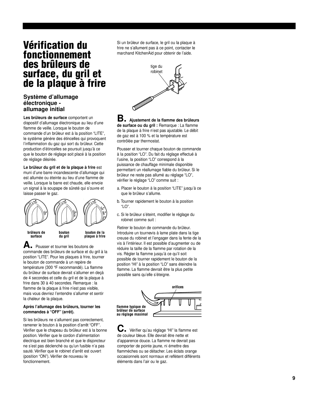 KitchenAid KGCP462K Système d’allumage électronique allumage initial, Ajustement de la flamme des brûleurs, Bouton 