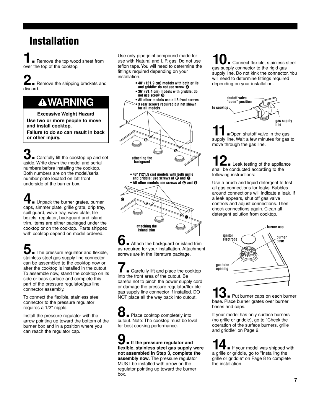 KitchenAid KGCP462K installation instructions Installation, Excessive Weight Hazard 