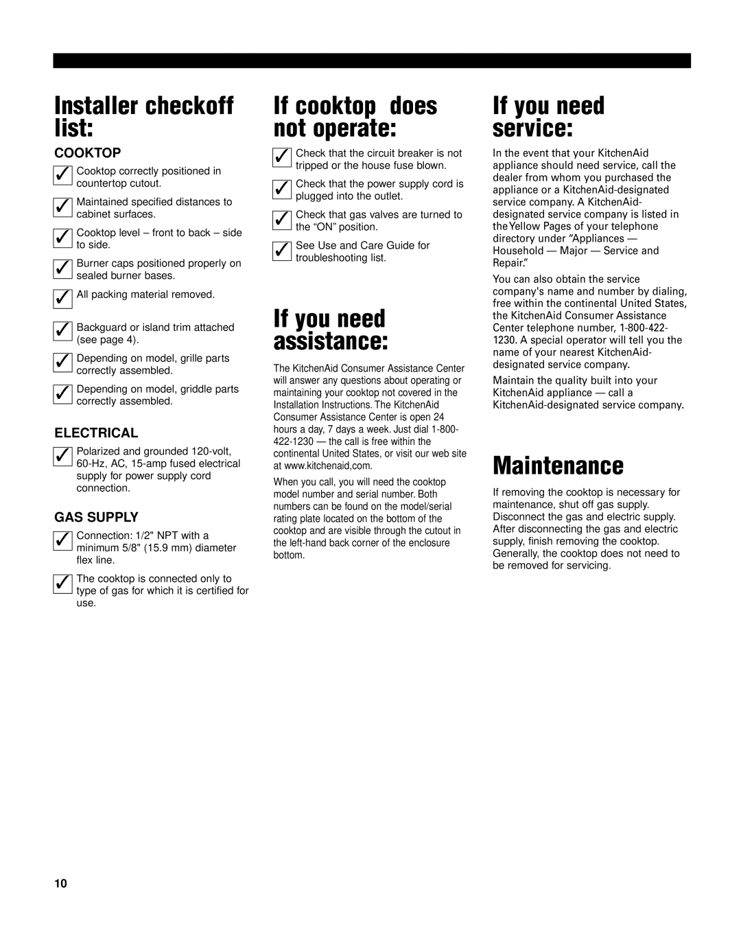 KitchenAid KGCP462K Installer checkoff list, Maintenance, If cooktop does not operate, If you need assistance 