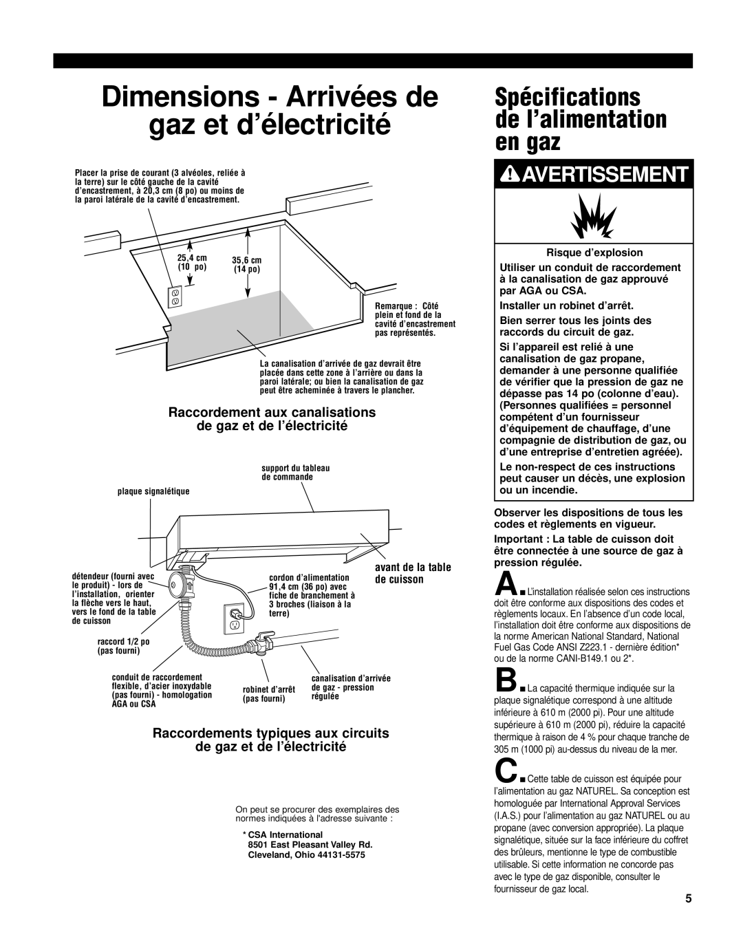 KitchenAid KGCP462K Spécifications de l’alimentation en gaz, Dimensions - Arrivées de gaz et d’électricité, Avertissement 