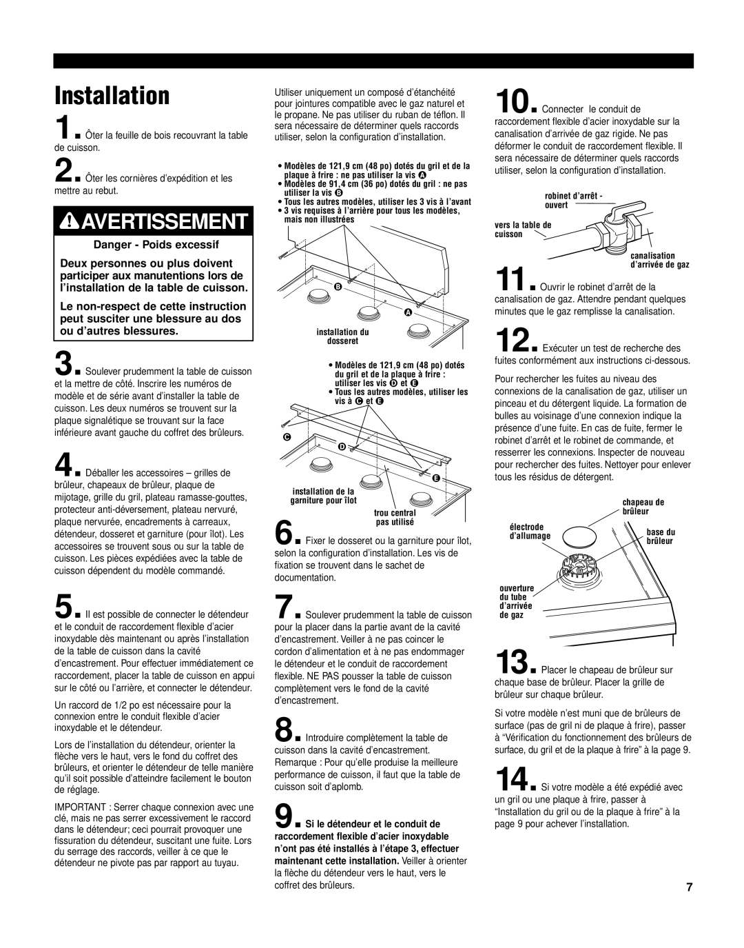 KitchenAid KGCP462K installation instructions Installation, Avertissement, Danger - Poids excessif 