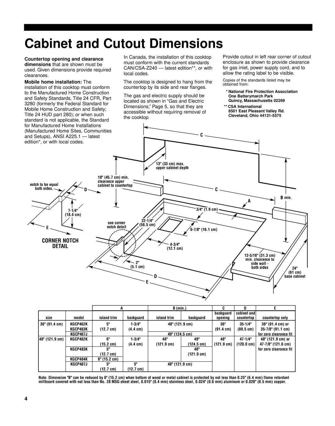 KitchenAid KGCP462K installation instructions Cabinet and Cutout Dimensions, Corner Notch 