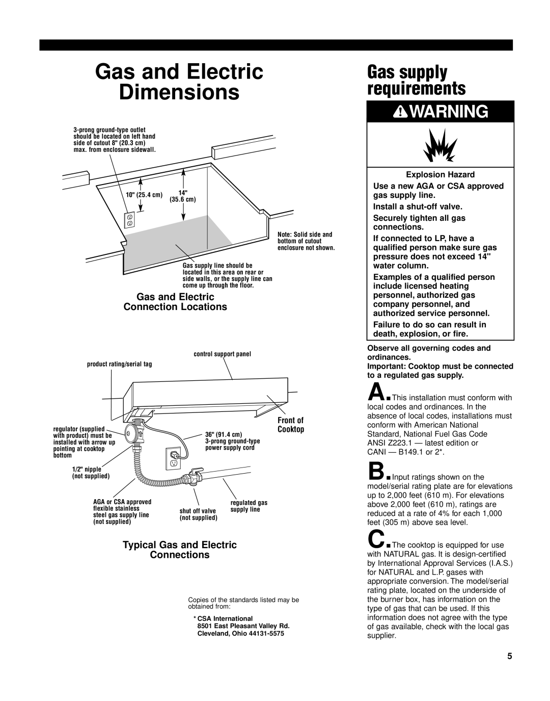 KitchenAid KGCP462K installation instructions Gas and Electric Dimensions, Gas supply requirements 