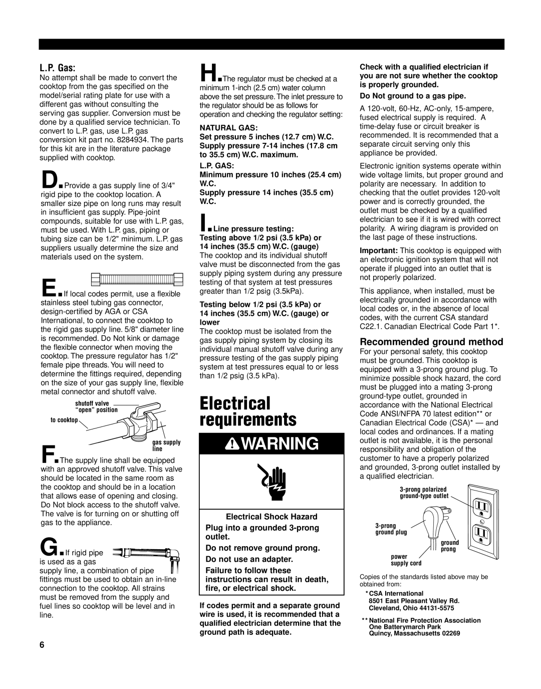 KitchenAid KGCP462K installation instructions Electrical requirements, L.P. Gas, Recommended ground method 