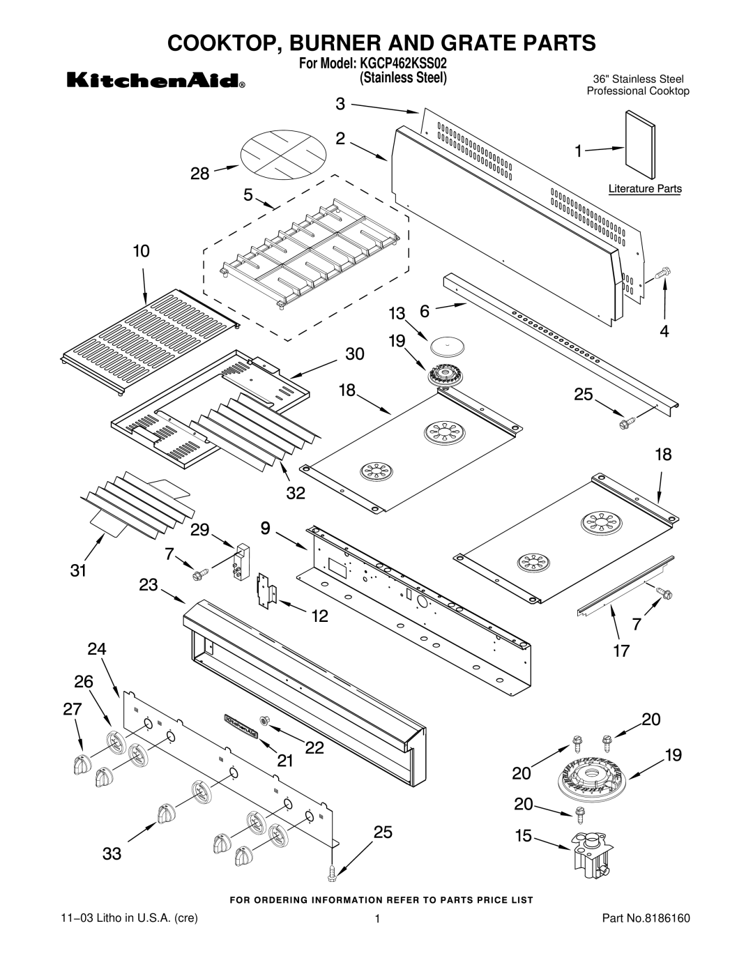 KitchenAid KGCP462KSS02 manual COOKTOP, Burner and Grate Parts 