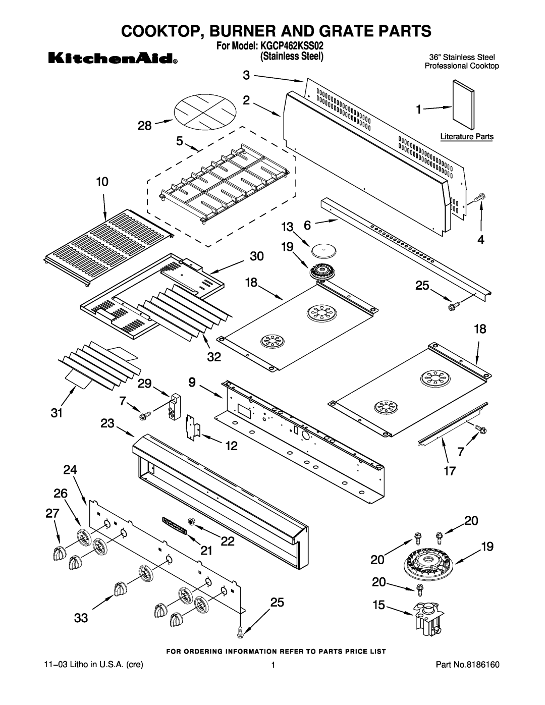 KitchenAid KGCP462KSS02 manual Cooktop, Burner And Grate Parts, 11−03 Litho in U.S.A. cre, Part No.8186160 