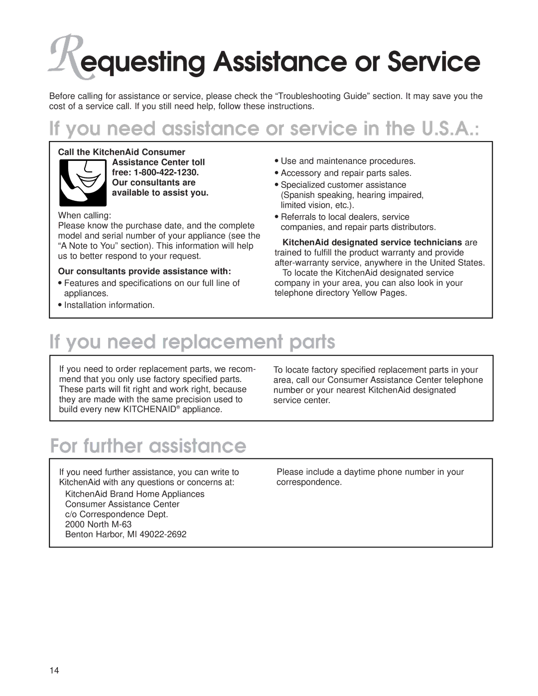 KitchenAid KGCP467H warranty Requesting Assistance or Service, If you need assistance or service in the U.S.A 