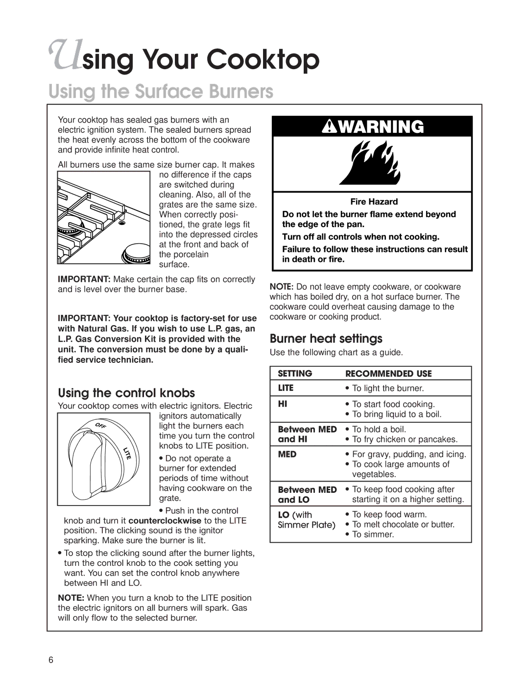 KitchenAid KGCP467H warranty Using Your Cooktop, Using the Surface Burners, Using the control knobs, Burner heat settings 