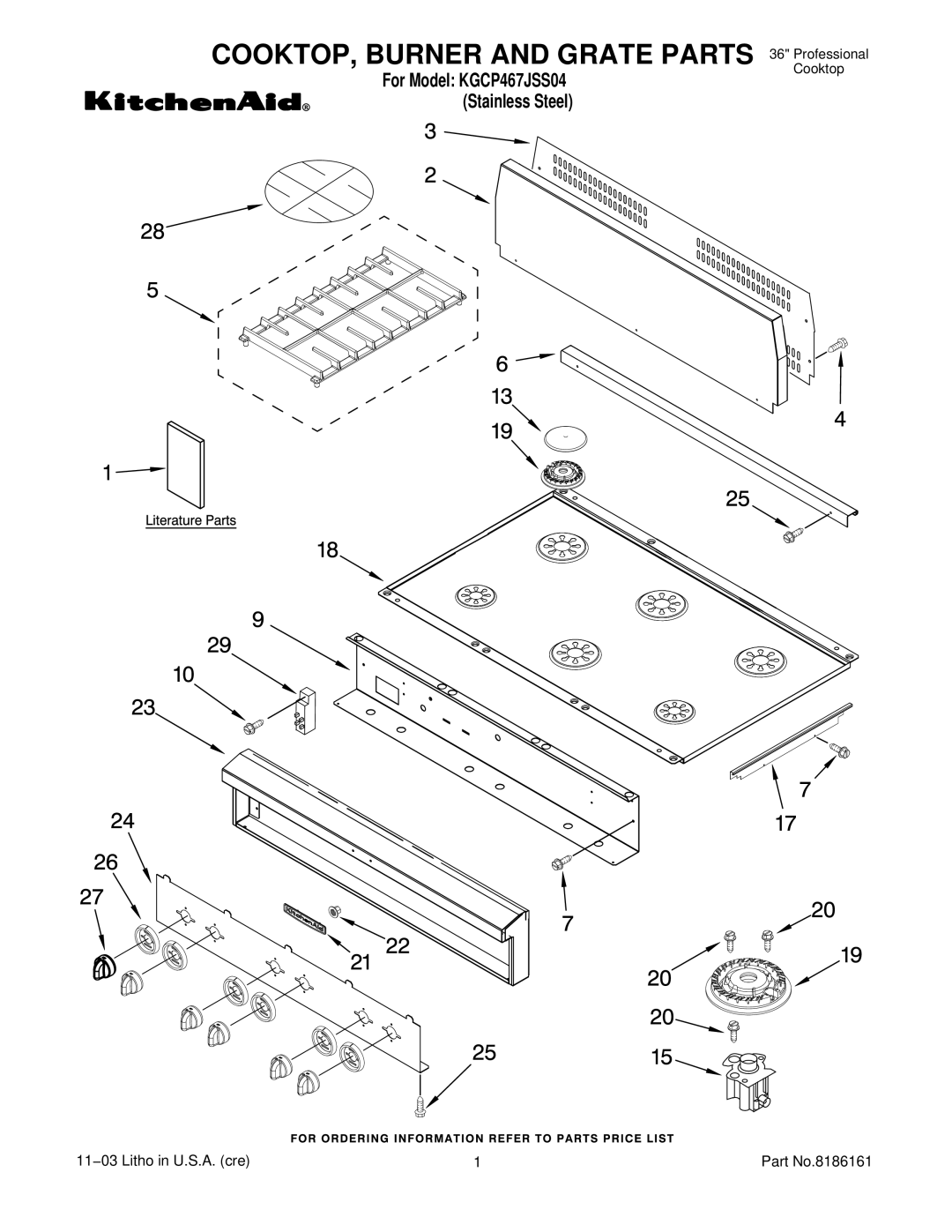 KitchenAid KGCP467JSS04 manual COOKTOP, Burner and Grate Parts 