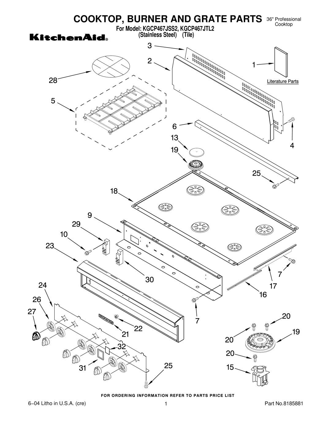 KitchenAid KGCP467JTL2, KGCP467JSS2 manual COOKTOP, Burner and Grate Parts 