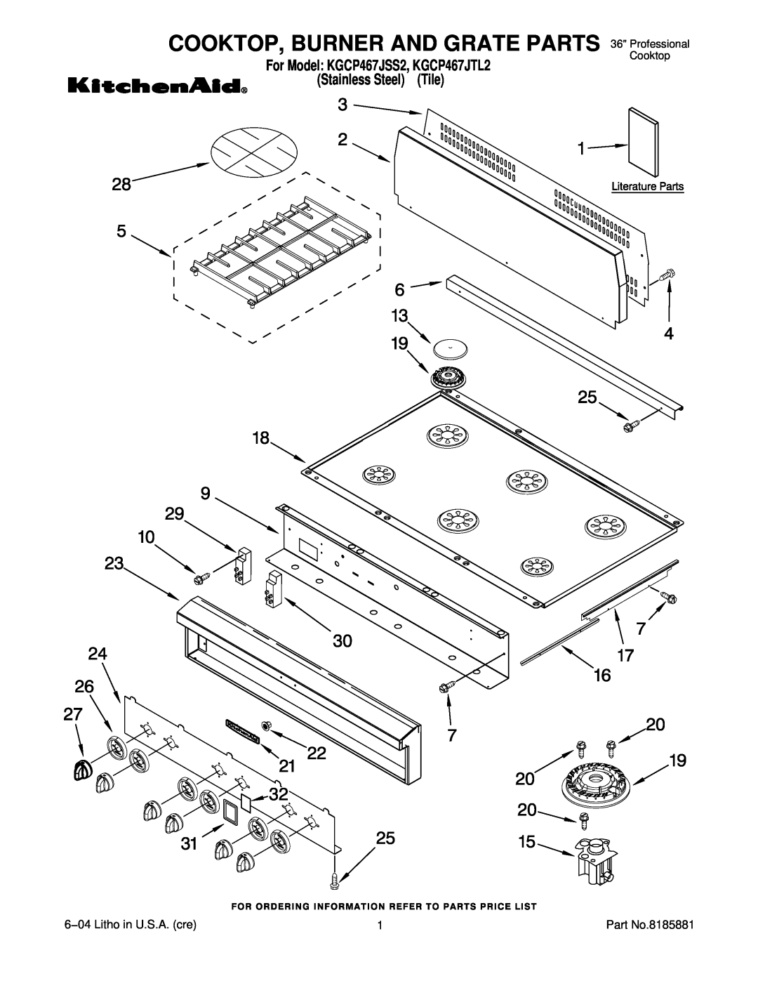 KitchenAid manual Cooktop, Burner And Grate Parts, For Model KGCP467JSS2, KGCP467JTL2 Stainless Steel Tile 