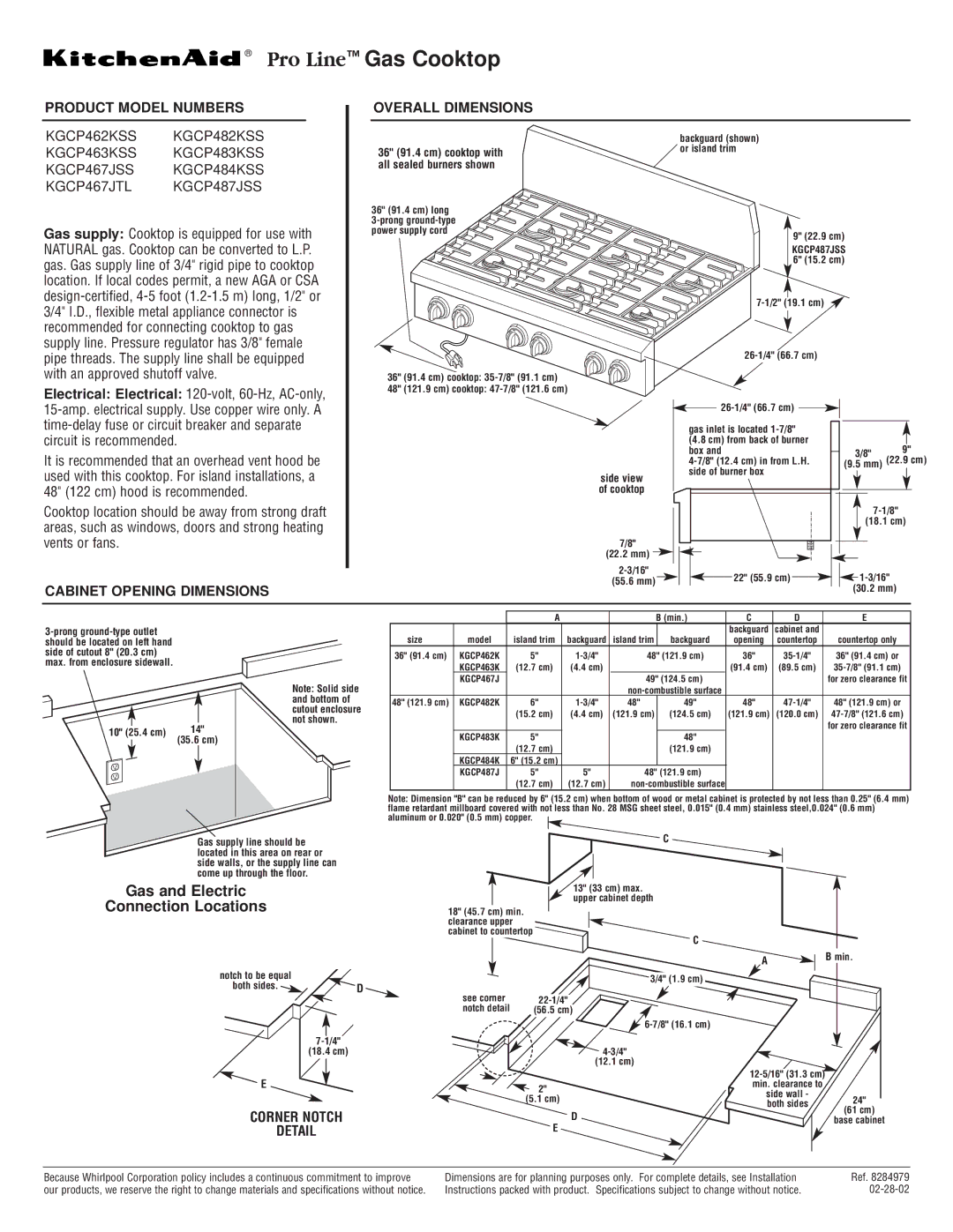 KitchenAid KGCP487JSS, KGCP482KSS, KGCP463KSS dimensions Pro Line Gas Cooktop, Gas and Electric Connection Locations 