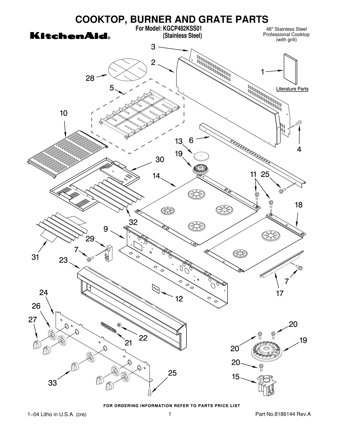 KitchenAid KGCP482KSS01 manual COOKTOP, Burner and Grate Parts 