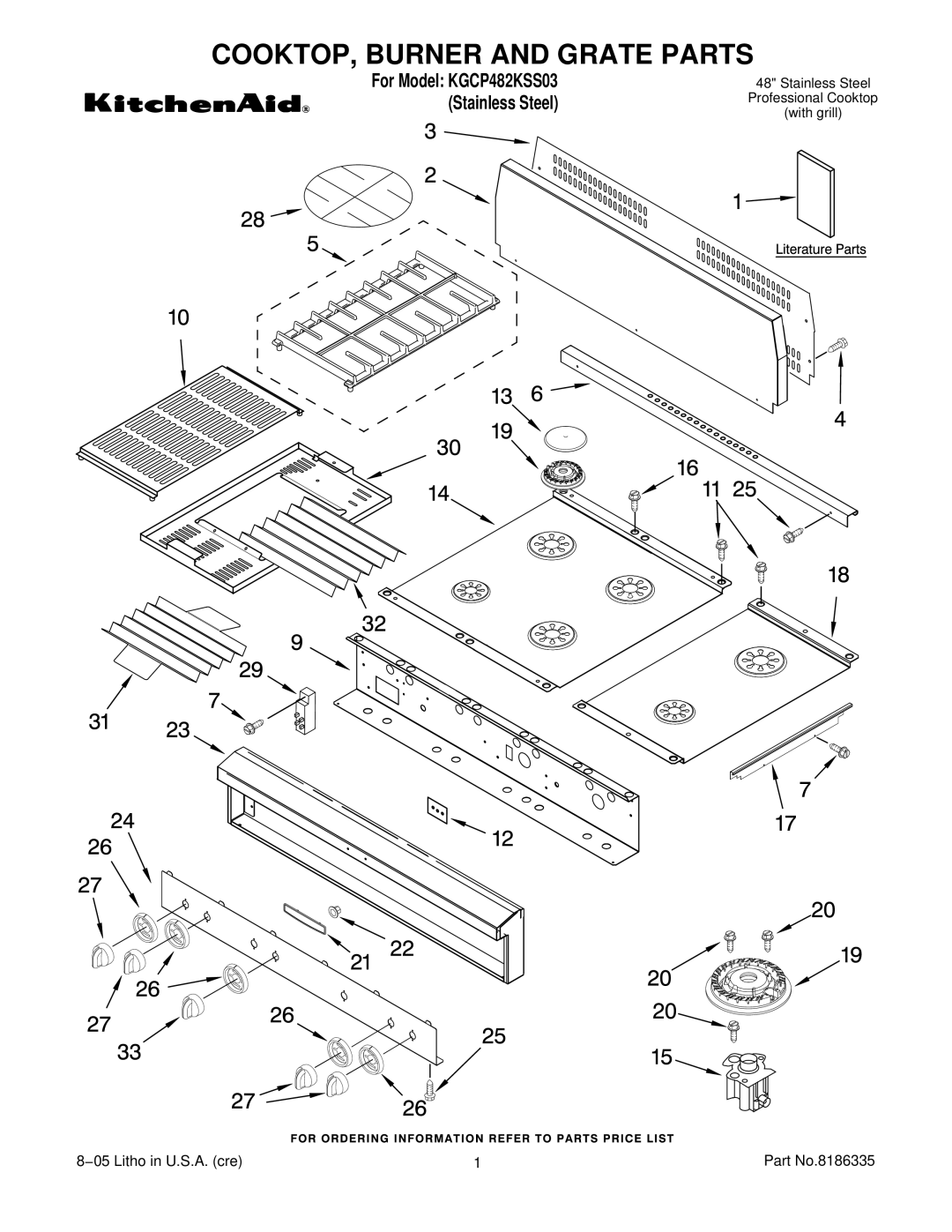 KitchenAid KGCP482KSS03 manual COOKTOP, Burner and Grate Parts 