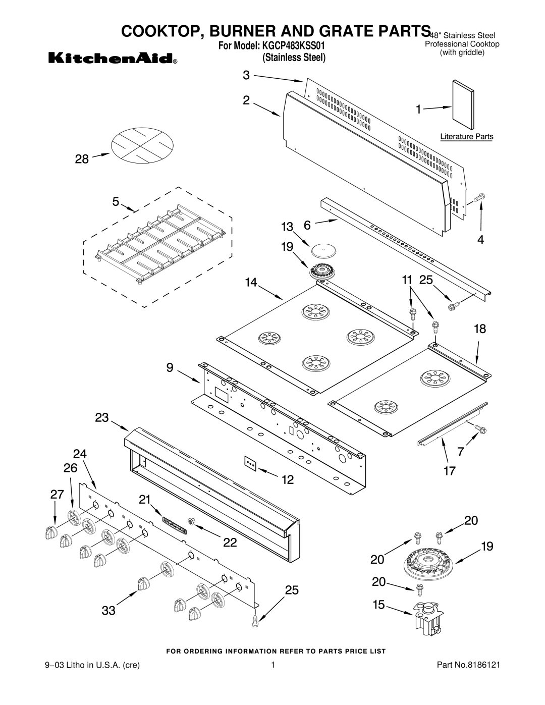 KitchenAid KGCP483KSS01 manual COOKTOP, Burner and Grate PARTS48 Stainless Steel 