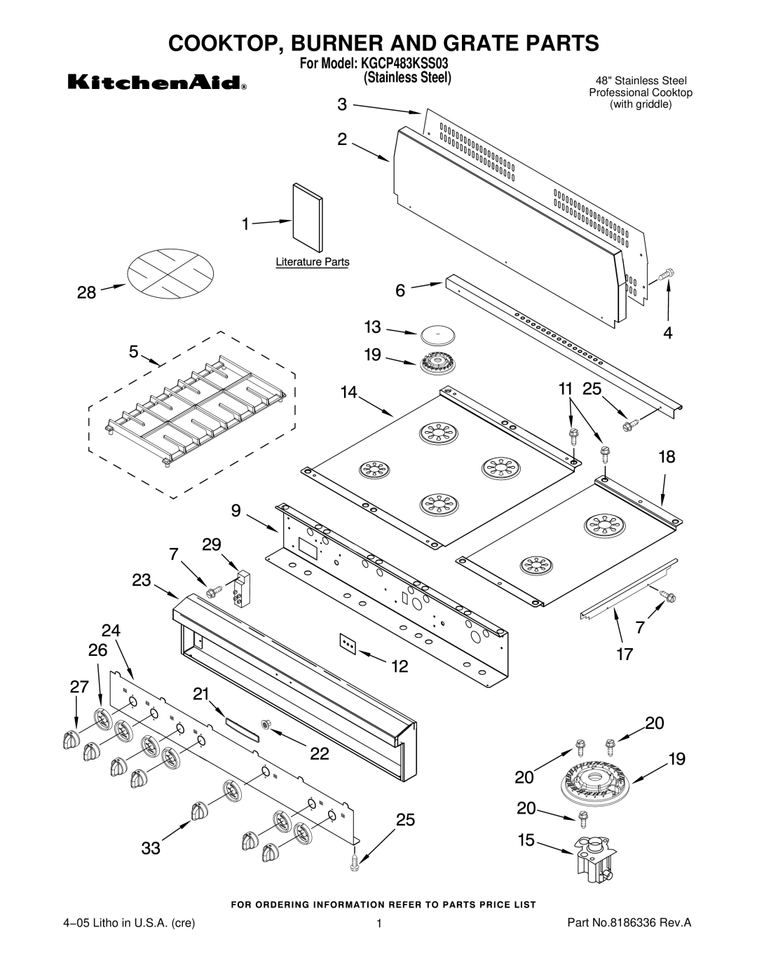 KitchenAid KGCP483KSS03 manual COOKTOP, Burner and Grate Parts 