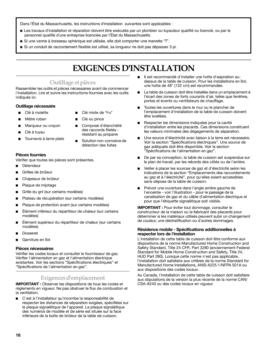 KitchenAid KGCP484KSS installation instructions Exigences Dinstallation, Outillageetpièces, Exigencesdemplacement 